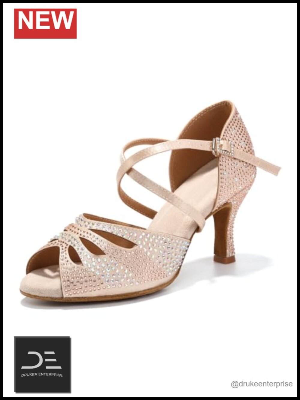 Satin Rhinestone Open Toe Latin Dance Shoes with 3in Suede Sole Heel